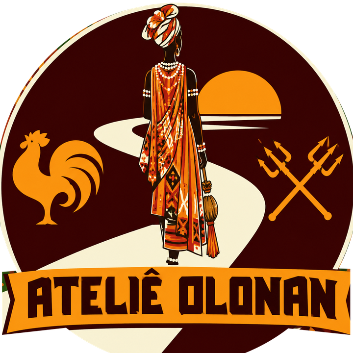 Emblema do Ateliê Olonan: mulher de turbante caminhando em direção ao sol